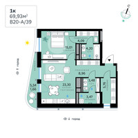 Планировка однокомнатной(квартира) площадью 69.93 квадратных метров в “СберСити в Рублево-Архангельском”