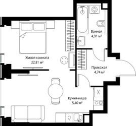 Планировка однокомнатной(квартира) площадью 37.86 квадратных метров в ЖК “Мультиквартал СИТИДЗЕН”