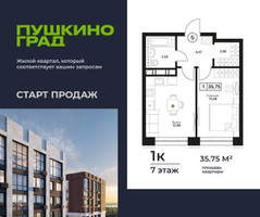 Планировка однокомнатной(квартира) площадью 35.75 квадратных метров в “ЖК Пушкино Град”
