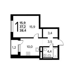 Планировка однокомнатной(квартира) площадью 38.4 квадратных метров в ЖК “Новые Ватутинки. Заречный”