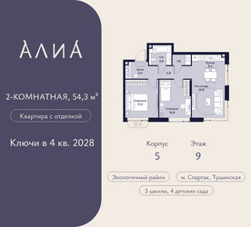 Планировка двухкомнатной(квартира) площадью 54.3 квадратных метров в ЖК “ЖК АЛИА”