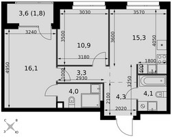 Планировка трехкомнатной(квартира) площадью 59.8 квадратных метров в “ЖК Симоновский вал”