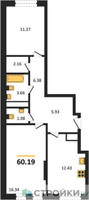 Планировка двухкомнатной(квартира) площадью 60.19 квадратных метров в “ЖК Дюна”