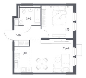 Планировка однокомнатной(квартира) площадью 39.53 квадратных метров в ЖК “ЖК Большое Путилково”