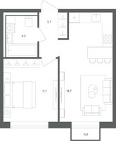 Планировка однокомнатной(квартира) площадью 38.7 квадратных метров в “ЖК Равновесие”