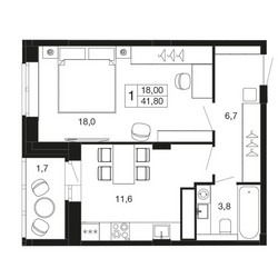 Планировка однокомнатной(квартира) площадью 41.8 квадратных метров в ЖК “ЖК Времена года”