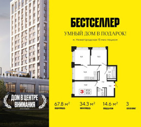 Планировка трехкомнатной(квартира) площадью 67.8 квадратных метров в ЖК “ЖК Бестселлер”