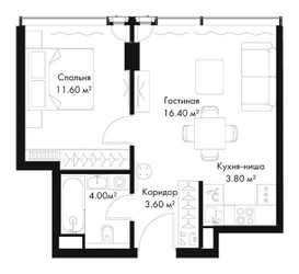Планировка однокомнатной(квартира) площадью 39.4 квадратных метров в ЖК “ЖК Слава”