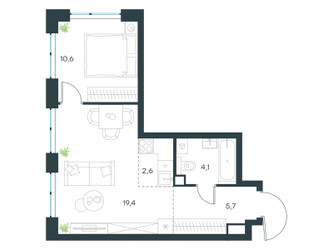 Планировка двухкомнатной(квартира) площадью 42.4 квадратных метров в ЖК “ЖК Левел Мичуринский”