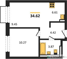 Планировка однокомнатной(квартира) площадью 34.62 квадратных метров в “ЖК Молжаниново”
