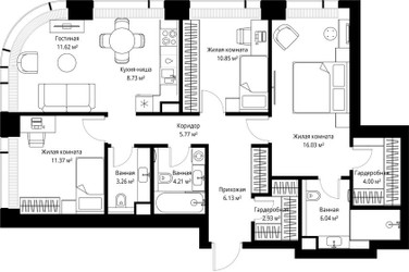 Планировка трехкомнатной(квартира) площадью 90.94 квадратных метров в ЖК “ЖК Веер”