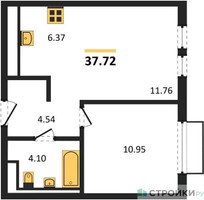 Планировка однокомнатной(квартира) площадью 37.72 квадратных метров в “ЖК Пригород Лесное”
