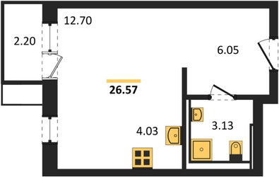 Планировка студии(квартира) площадью 26.57 квадратных метров в ЖК “Квартал Сабурово”