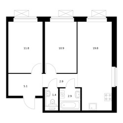 Планировка двухкомнатной(квартира) площадью 54.8 квадратных метров в ЖК “ЖК Зеленый парк”
