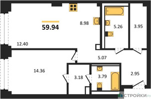 Планировка однокомнатной(квартира) площадью 59.94 квадратных метров в “ЖК NOVA (Нова)”