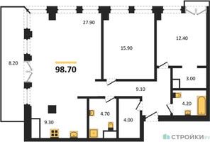 Планировка двухкомнатной(квартира) площадью 98.7 квадратных метров в “ЖК Emotion (Эмоушен)”