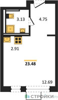 Планировка студии(квартира) площадью 23.48 квадратных метров в “ЖК Молжаниново”