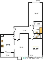 Планировка трехкомнатной(квартира) площадью 86.8 квадратных метров в “ЖК Первый Лермонтовский”