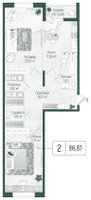 Планировка двухкомнатной(квартира) площадью 88.54 квадратных метров в “ЖК Рига Хиллс”