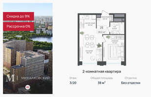 Планировка двухкомнатной(квартира) площадью 38 квадратных метров в “ЖК Михалковский”