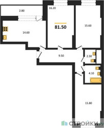 Планировка трехкомнатной(квартира) площадью 81.5 квадратных метров в ЖК “ЖК Рассказово”