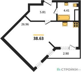 Планировка студии(квартира) площадью 38.63 квадратных метров в ЖК “ЖК Светлый мир БиоПолис”