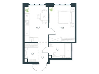 Планировка однокомнатной(квартира) площадью 38.8 квадратных метров в ЖК “ЖК Левел Южнопортовая”