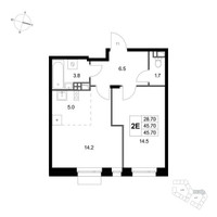 Планировка двухкомнатной(квартира) площадью 45.7 квадратных метров в “ЖК Кореневский Форт 2.3”
