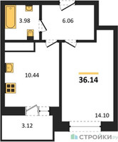 Планировка однокомнатной(квартира) площадью 36.14 квадратных метров в “ЖК ВОСТОК II”