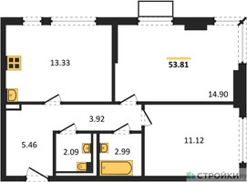 Планировка двухкомнатной(квартира) площадью 53.81 квадратных метров в “ЖК Пригород Лесное”