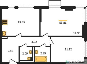 Планировка двухкомнатной(квартира) площадью 53.81 квадратных метров в ЖК “ЖК Пригород Лесное”