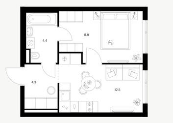 Планировка однокомнатной(квартира) площадью 33.4 квадратных метров в ЖК “ЖК Зеленый парк”