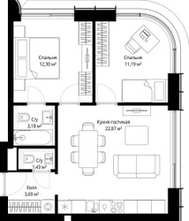 Планировка двухкомнатной(квартира) площадью 54.3 квадратных метров в ЖК “ЖК Сити Бэй”