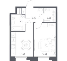 Планировка однокомнатной(апартаменты) площадью 37.76 квадратных метров в ЖК “ЖК Апарт-отель Тропарево парк”