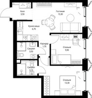 Планировка двухкомнатной(квартира) площадью 55.7 квадратных метров в “ЖК СЕТ”