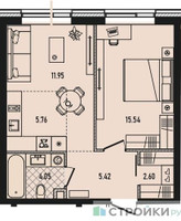 Планировка однокомнатной(квартира) площадью 45.3 квадратных метров в “ЖК Republic (Репаблик)”