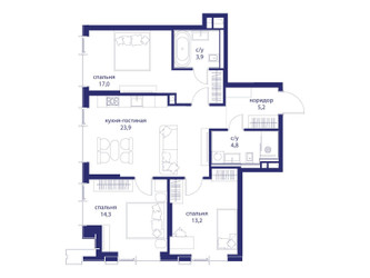 Планировка трехкомнатной(квартира) площадью 82.3 квадратных метров в ЖК “ЖК Событие”