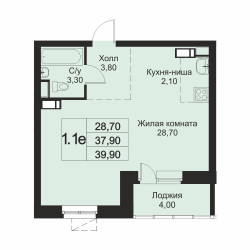 Планировка однокомнатной(апартаменты) площадью 39.9 квадратных метров в ЖК “ЖК Кашинцево”