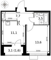 Планировка однокомнатной(квартира) площадью 37.5 квадратных метров в “ЖК 1-й Саларьевский (Первый Саларьевский)”
