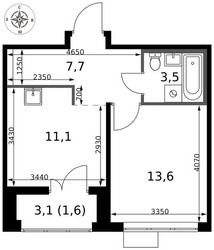 Планировка однокомнатной(квартира) площадью 37.5 квадратных метров в ЖК “ЖК 1-й Саларьевский (Первый Саларьевский)”