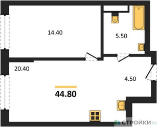 Планировка однокомнатной(квартира) площадью 44.8 квадратных метров в ЖК “Архитектурный проект U2 (ЮТУ)”