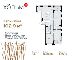 Планировка трехкомнатной(квартира) площадью 102.9 квадратных метров в “ЖК Хольм”