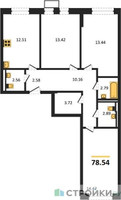 Планировка трехкомнатной(квартира) площадью 78.54 квадратных метров в “ЖК Егорово Парк”