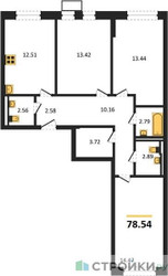 Планировка трехкомнатной(квартира) площадью 78.54 квадратных метров в “ЖК Егорово Парк”