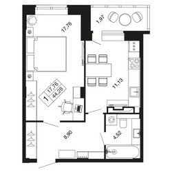 Планировка однокомнатной(квартира) площадью 44.3 квадратных метров в ЖК “ЖК Времена года”