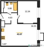 Планировка однокомнатной(квартира) площадью 42.5 квадратных метров в “ЖК Пригород Лесное”