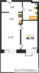 Планировка однокомнатной(квартира) площадью 48.7 квадратных метров в ЖК “ЖК UNO Соколиная гора”