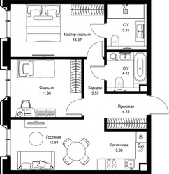Планировка двухкомнатной(квартира) площадью 62.09 квадратных метров в ЖК “Дом премиум-класса МИРА”