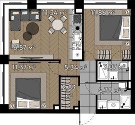 Планировка двухкомнатной(квартира) площадью 56.8 квадратных метров в ЖК “ЖК Квартал Серебряный бор”
