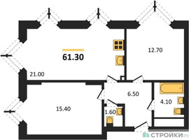 Планировка двухкомнатной(квартира) площадью 61.3 квадратных метров в “ЖК Wave (Вейв)”